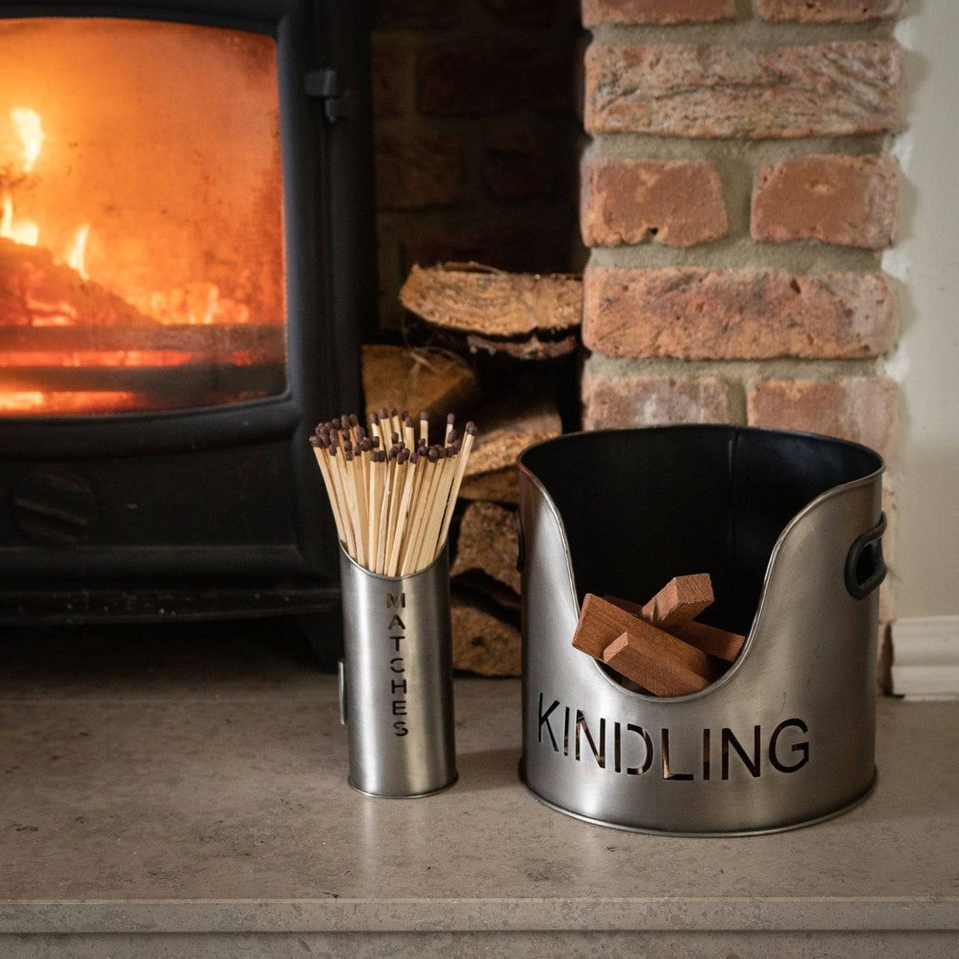 Pewter Finish Logs And Kindling Buckets & Matchstick Holder - TidySpaces