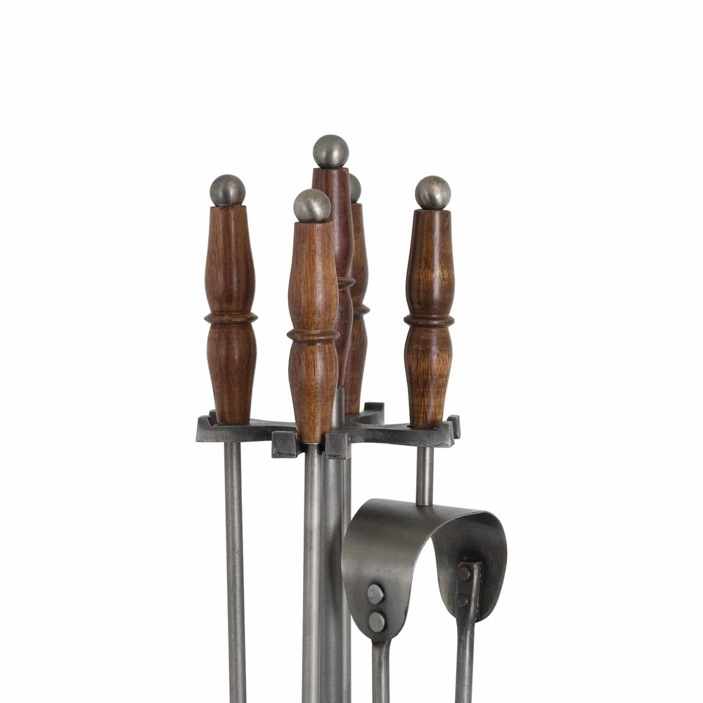 Hand Turned Fire Companion Set In Antique Pewter With Wooden Handles - TidySpaces