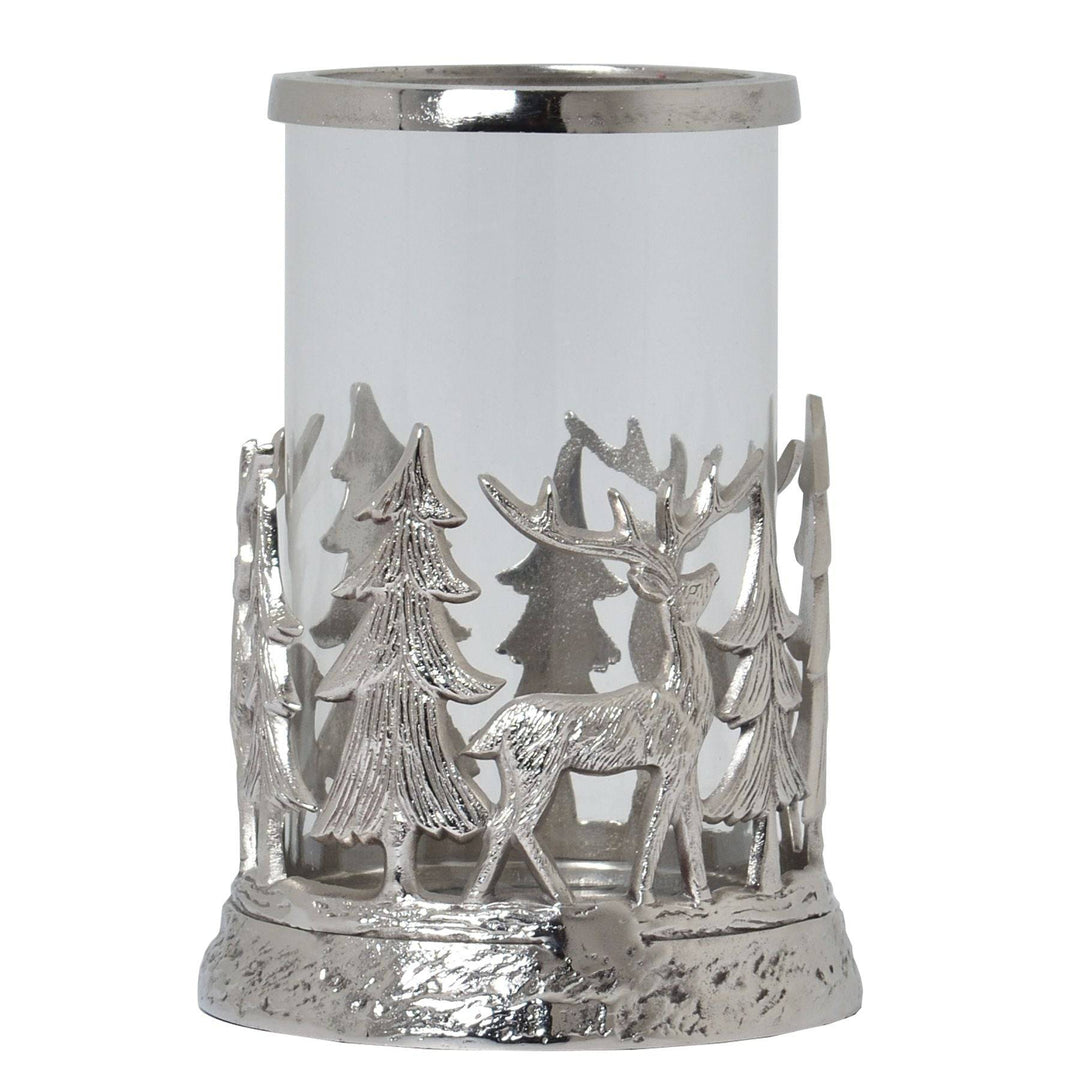 Silver Stag Scene Hurricane Lantern SILVER METAL - TidySpaces