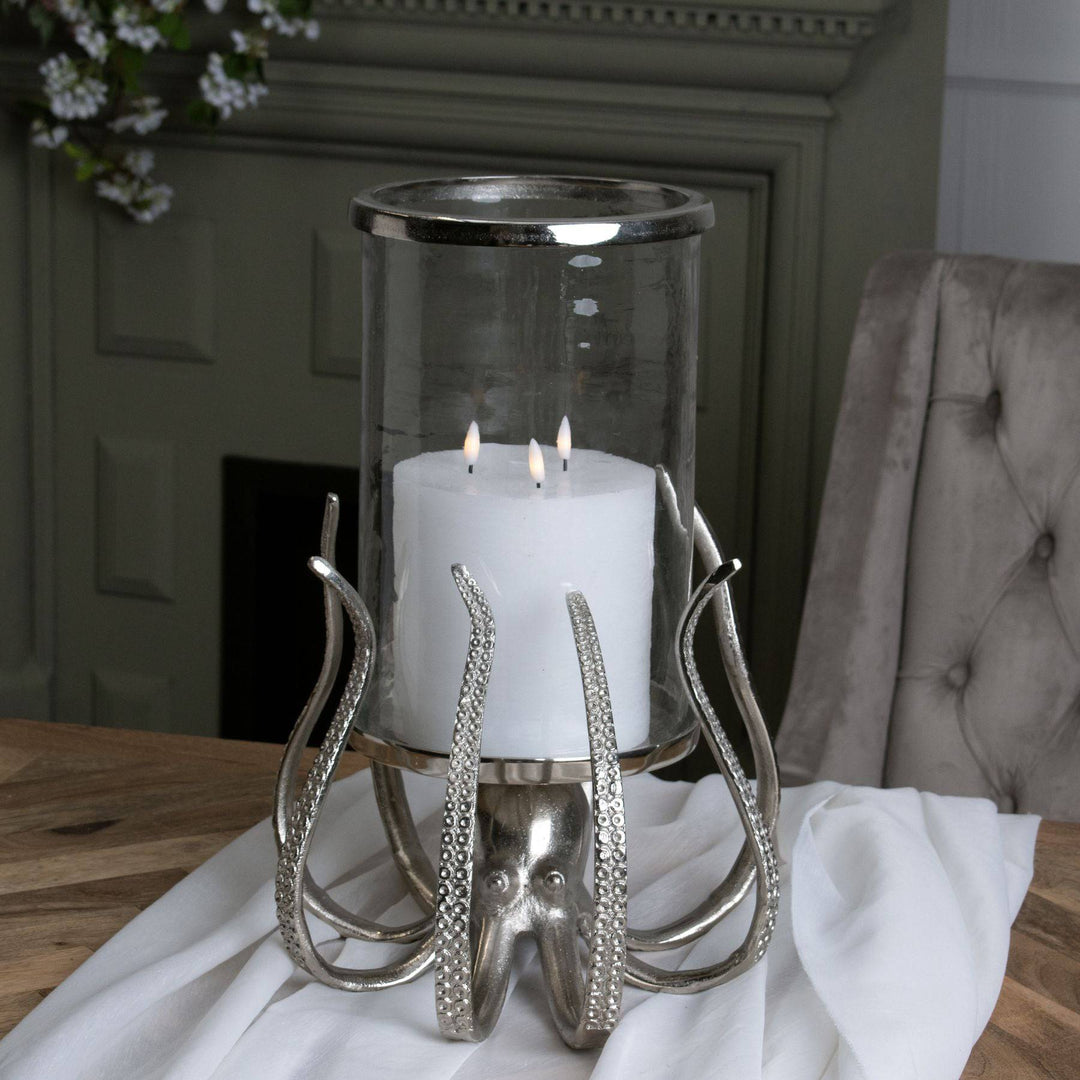 Large Silver Octopus Candle Hurricane Lantern - TidySpaces