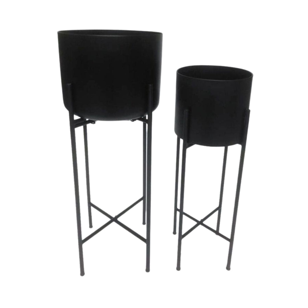 Set Of Two Matt Black Planters On Stand - TidySpaces