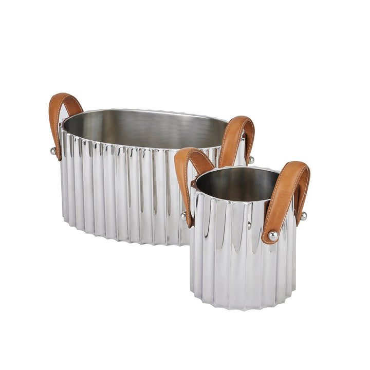 Large Silver Fluted Leather Handled Champagne Cooler - TidySpaces