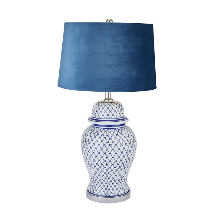 Malabar Blue And White Ceramic Lamp With Blue Velvet Shade WHITE CERAMIC - TidySpaces