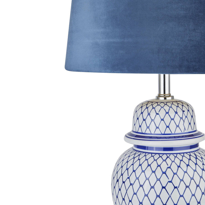 Malabar Blue And White Ceramic Lamp With Blue Velvet Shade - TidySpaces