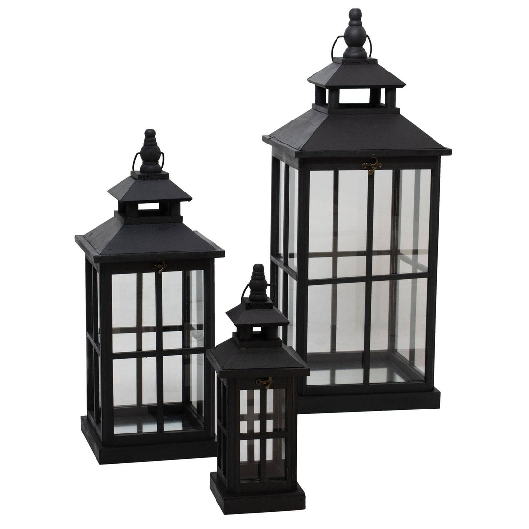 Set Of 3 Black Window Style Lanterns With Open Top - TidySpaces
