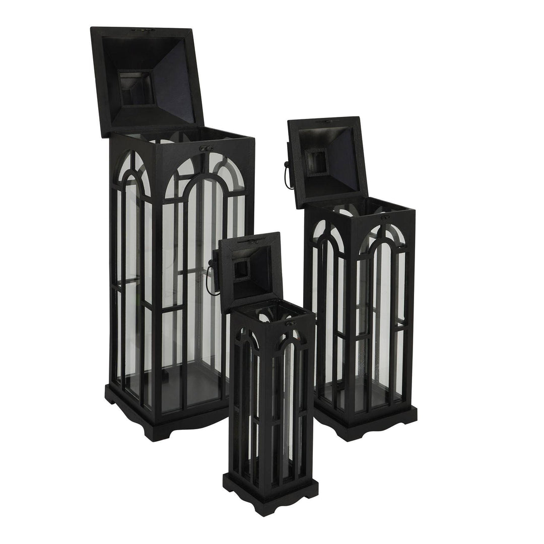 Set Of Three Black Wooden Lanterns With Archway Design - TidySpaces