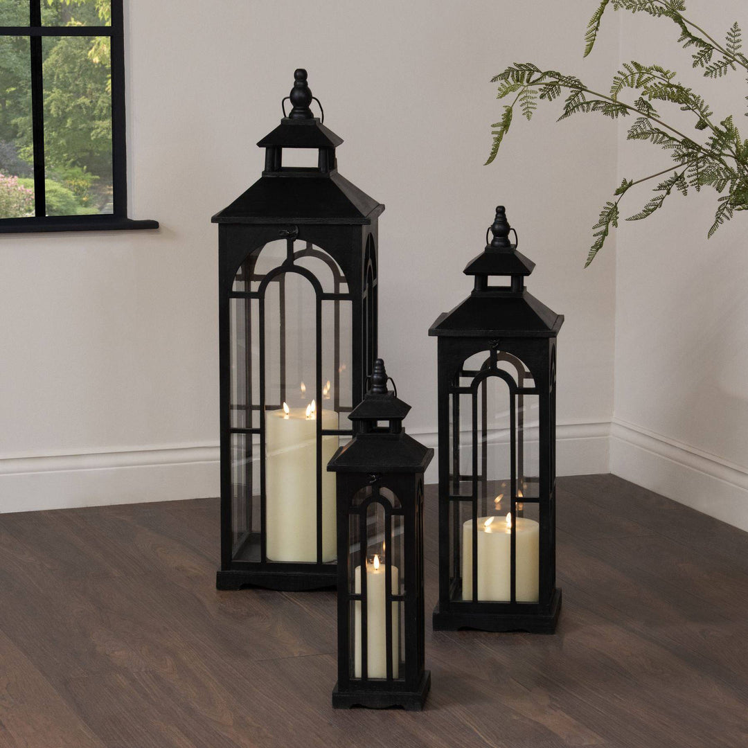 Set Of Three Black Wooden Lanterns With Archway Design - TidySpaces