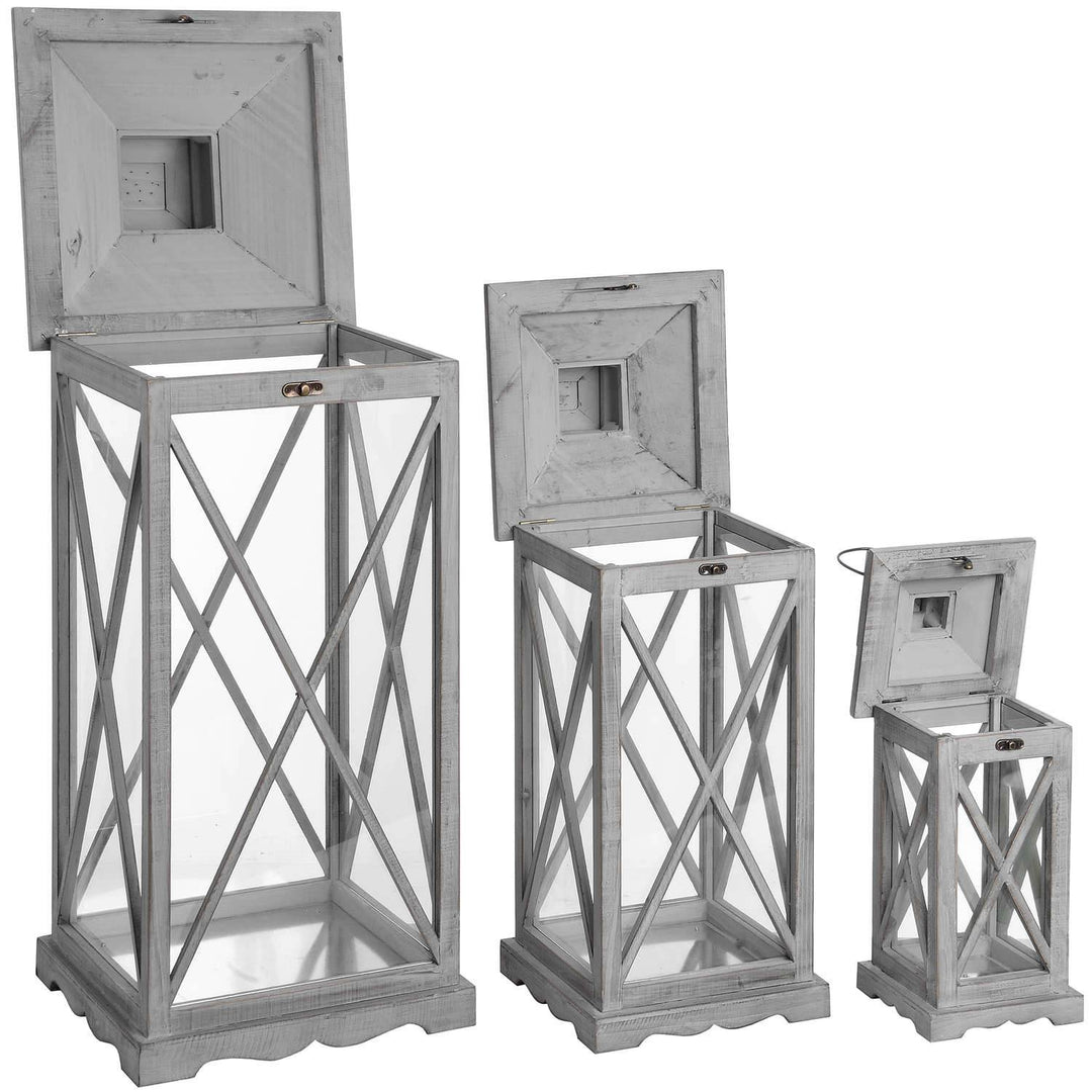 Set Of Three Wooden Lanterns With Traditional Cross Section - TidySpaces