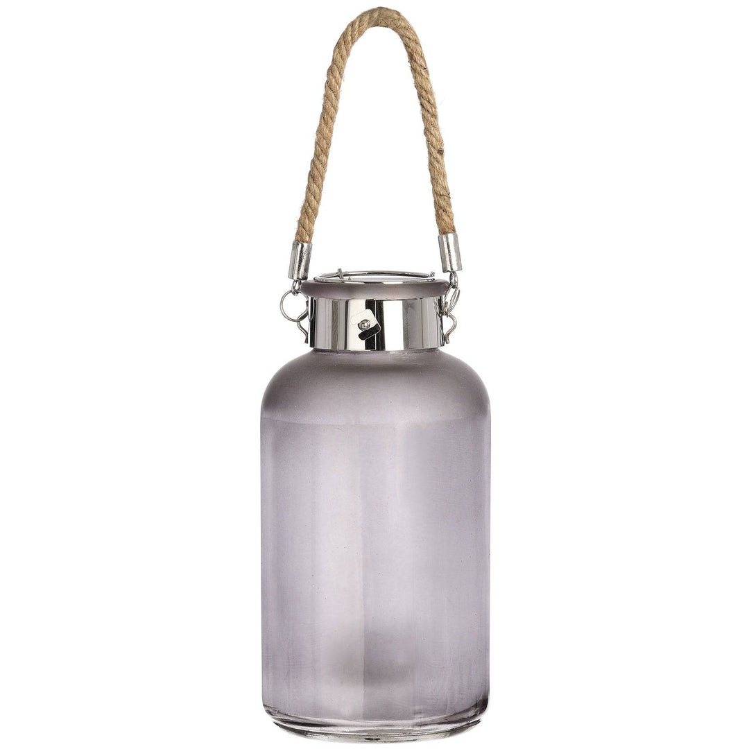 Frosted Grey Glass Lantern with Rope Detail and LED - TidySpaces