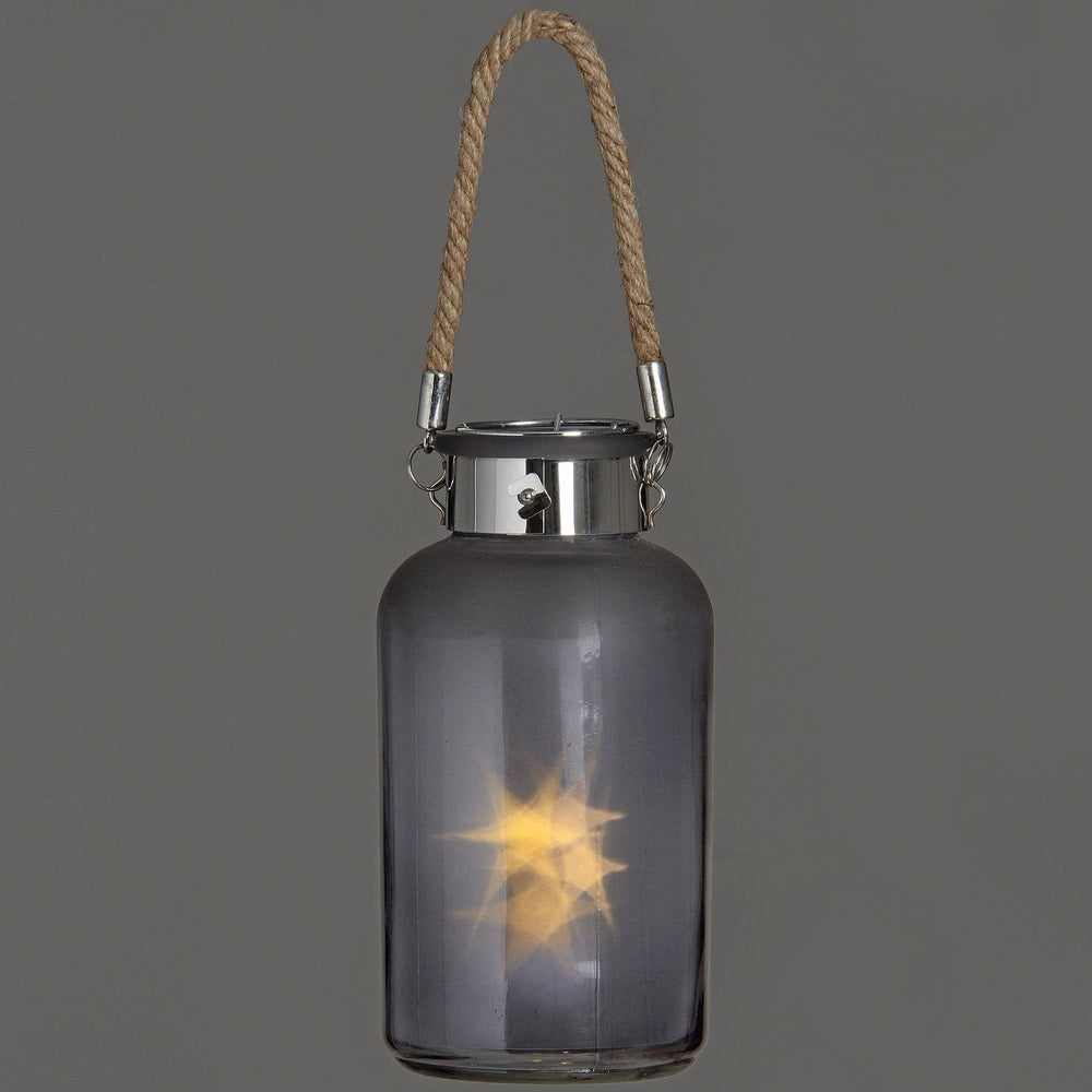 Frosted Grey Glass Lantern with Rope Detail and LED - TidySpaces