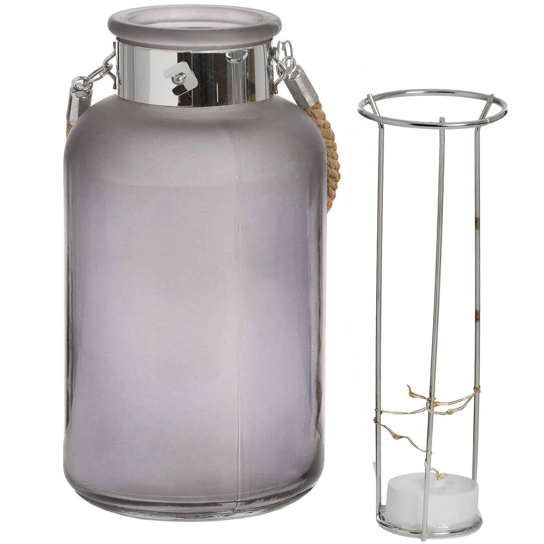 Frosted Grey Glass Lantern with Rope Detail and LED - TidySpaces