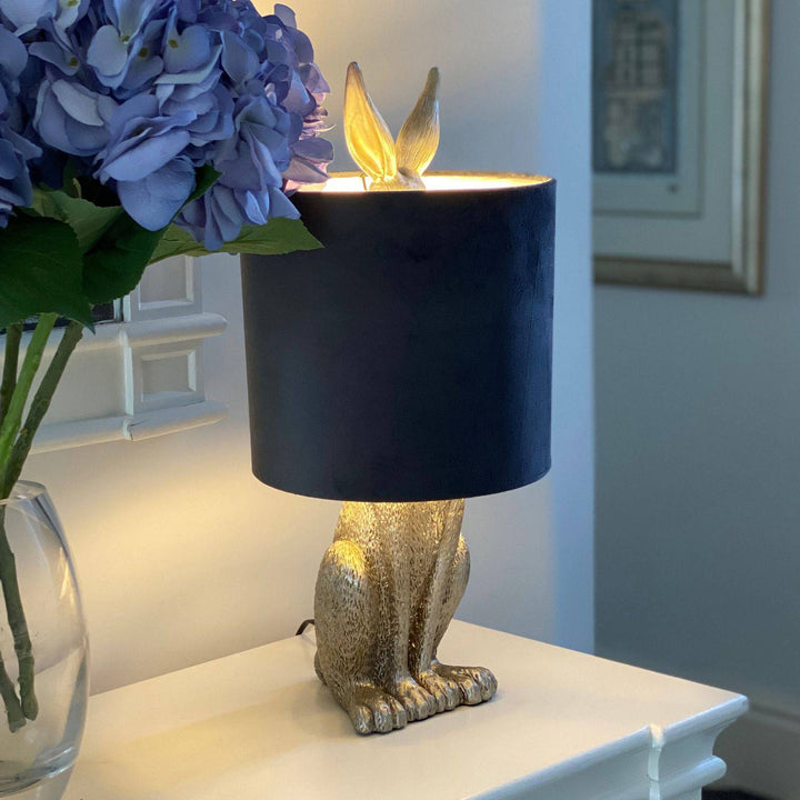 Silver Hare Table Lamp With Grey Velvet Shade - TidySpaces