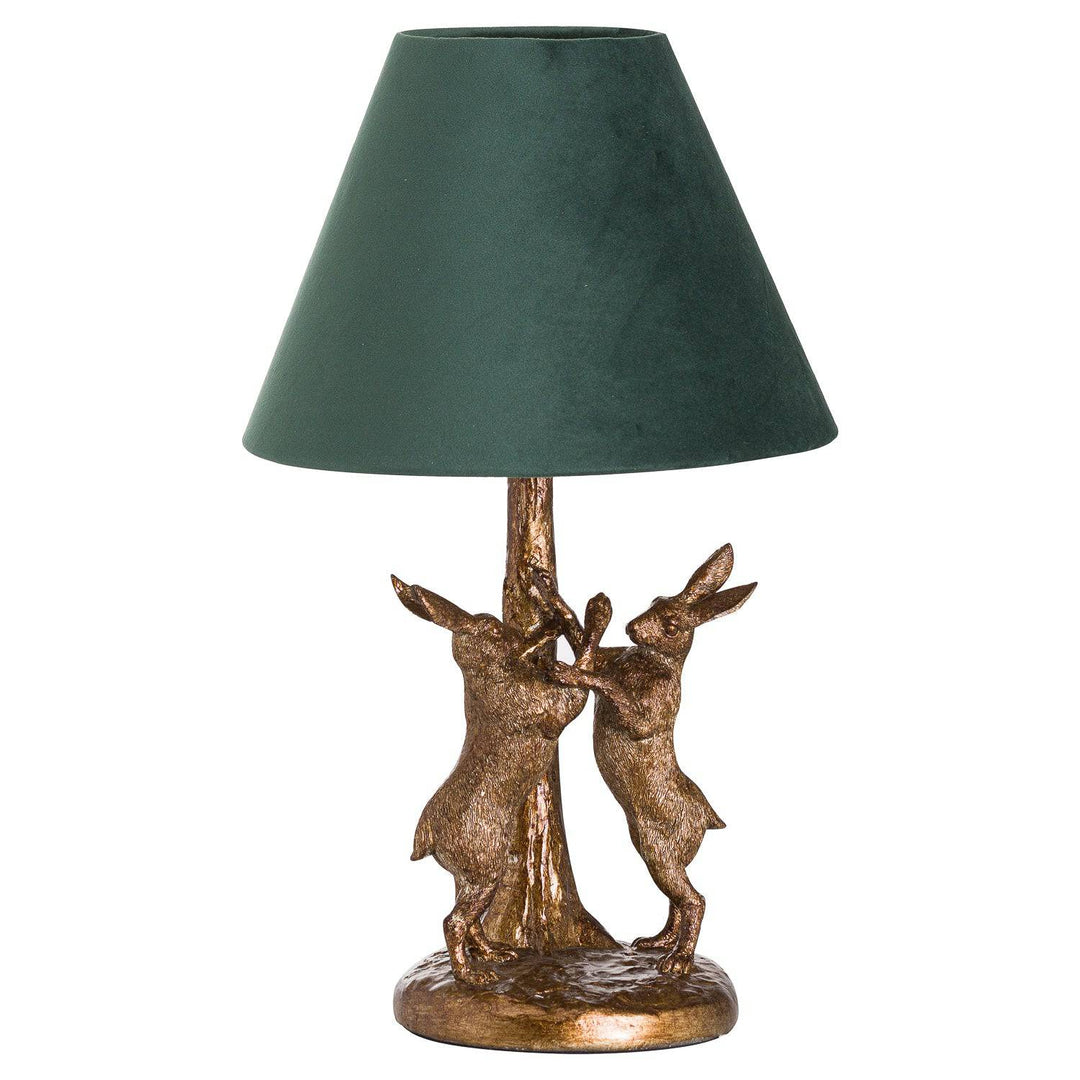 Antique Gold Marching Hares Lamp With Green Velvet Shade - TidySpaces