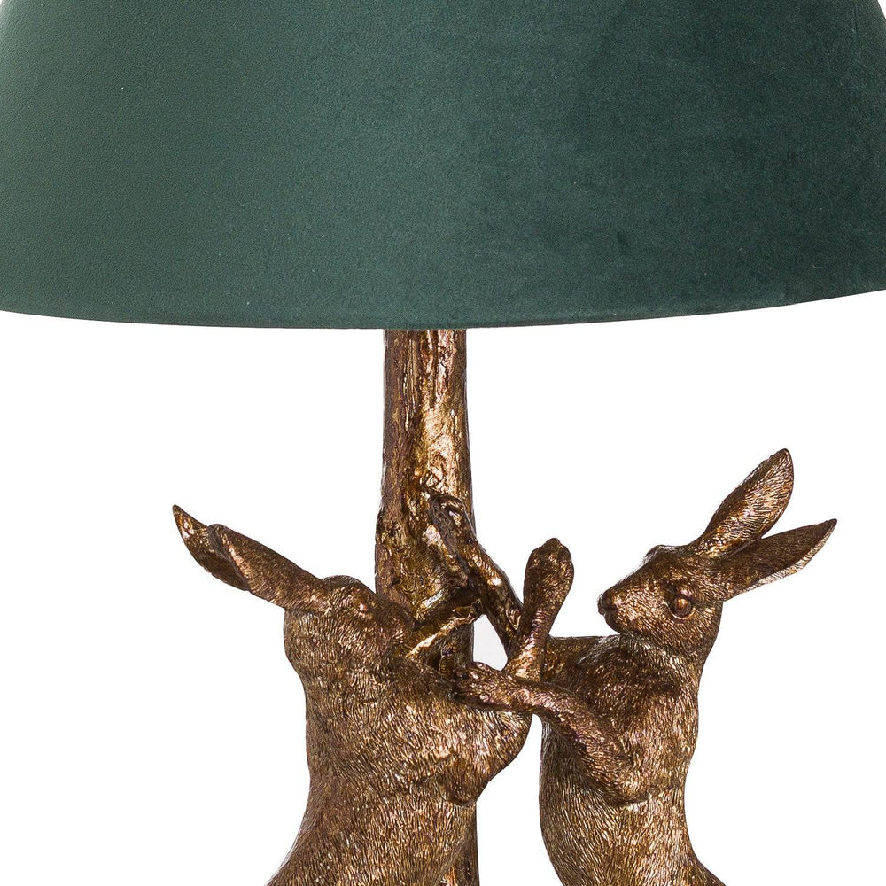 Antique Gold Marching Hares Lamp With Green Velvet Shade - TidySpaces