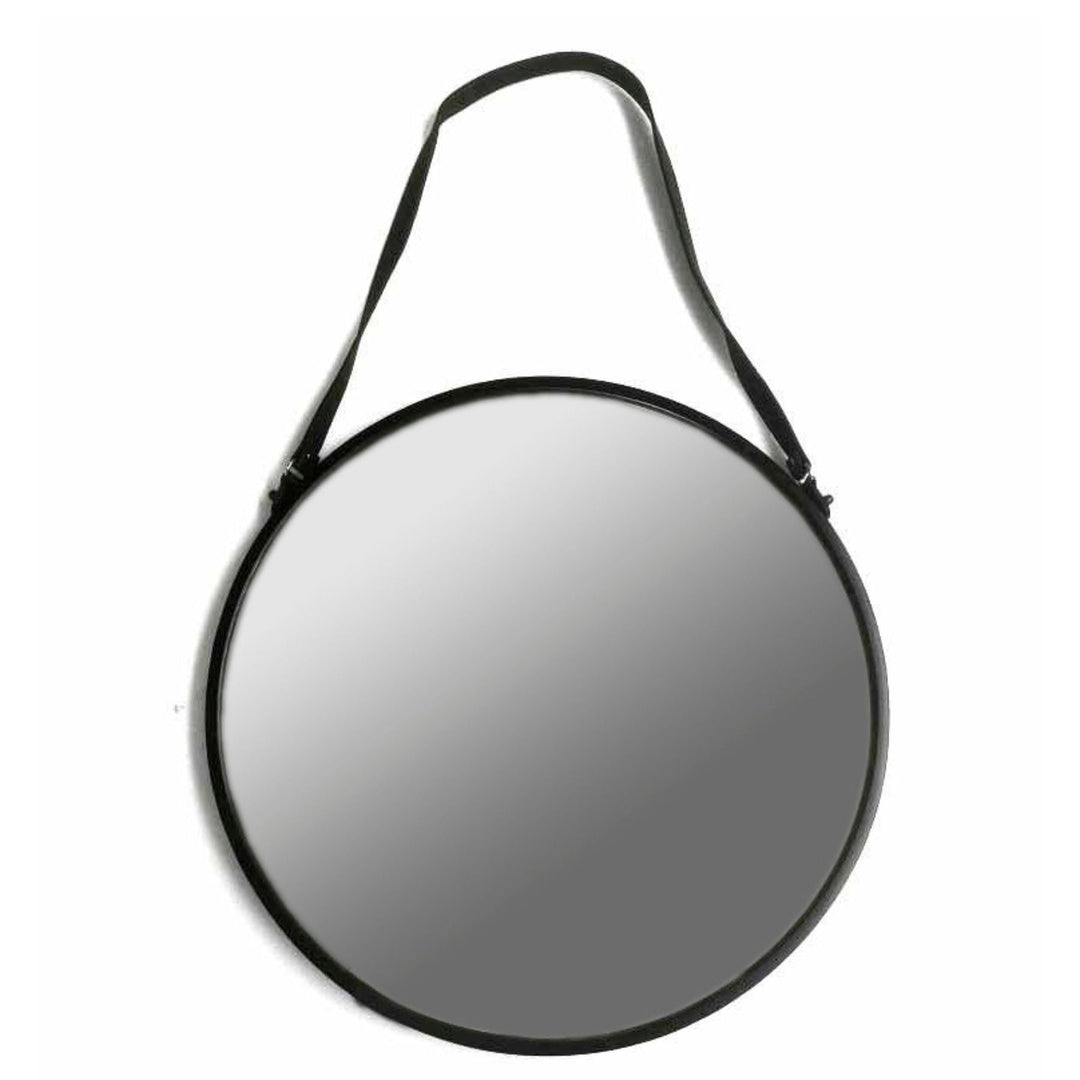 Matt Black Rimmed Round Hanging Wall Mirror With Black Strap - TidySpaces