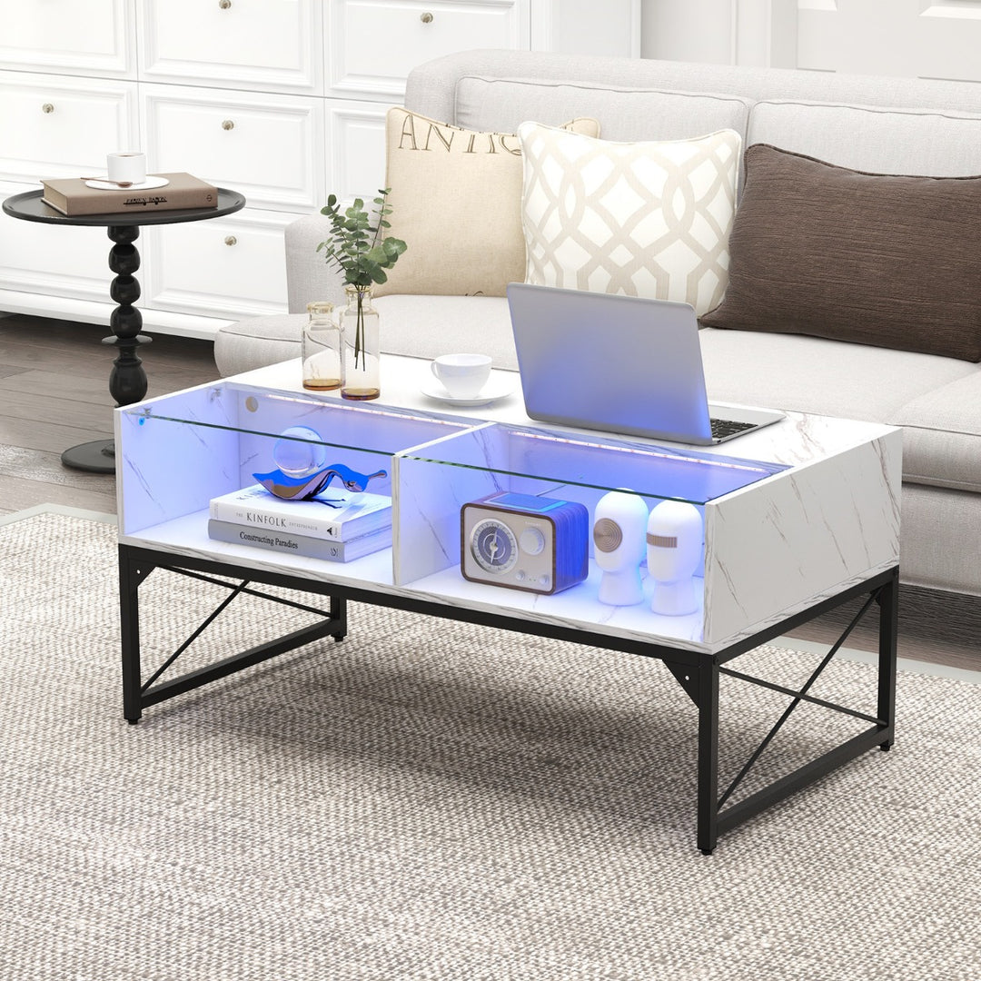 High Gloss LED Coffee Table with Faux Marble and Tempered Glass Top