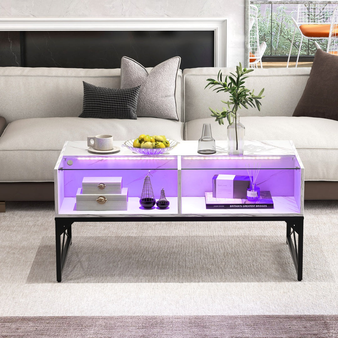 High Gloss LED Coffee Table with Faux Marble and Tempered Glass Top