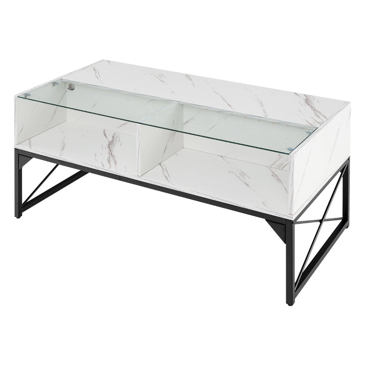 High Gloss LED Coffee Table with Faux Marble and Tempered Glass Top