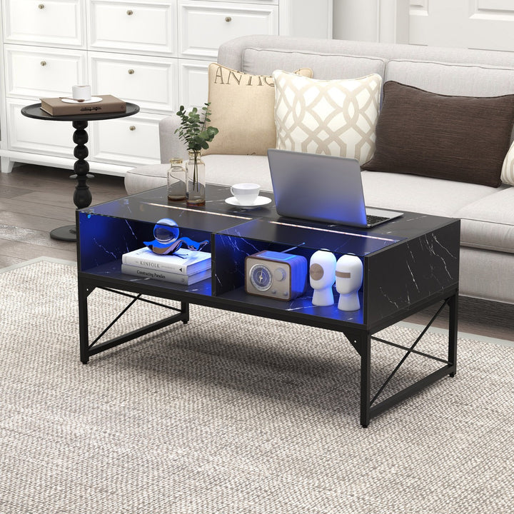 High Gloss LED Coffee Table with Faux Marble and Tempered Glass Top