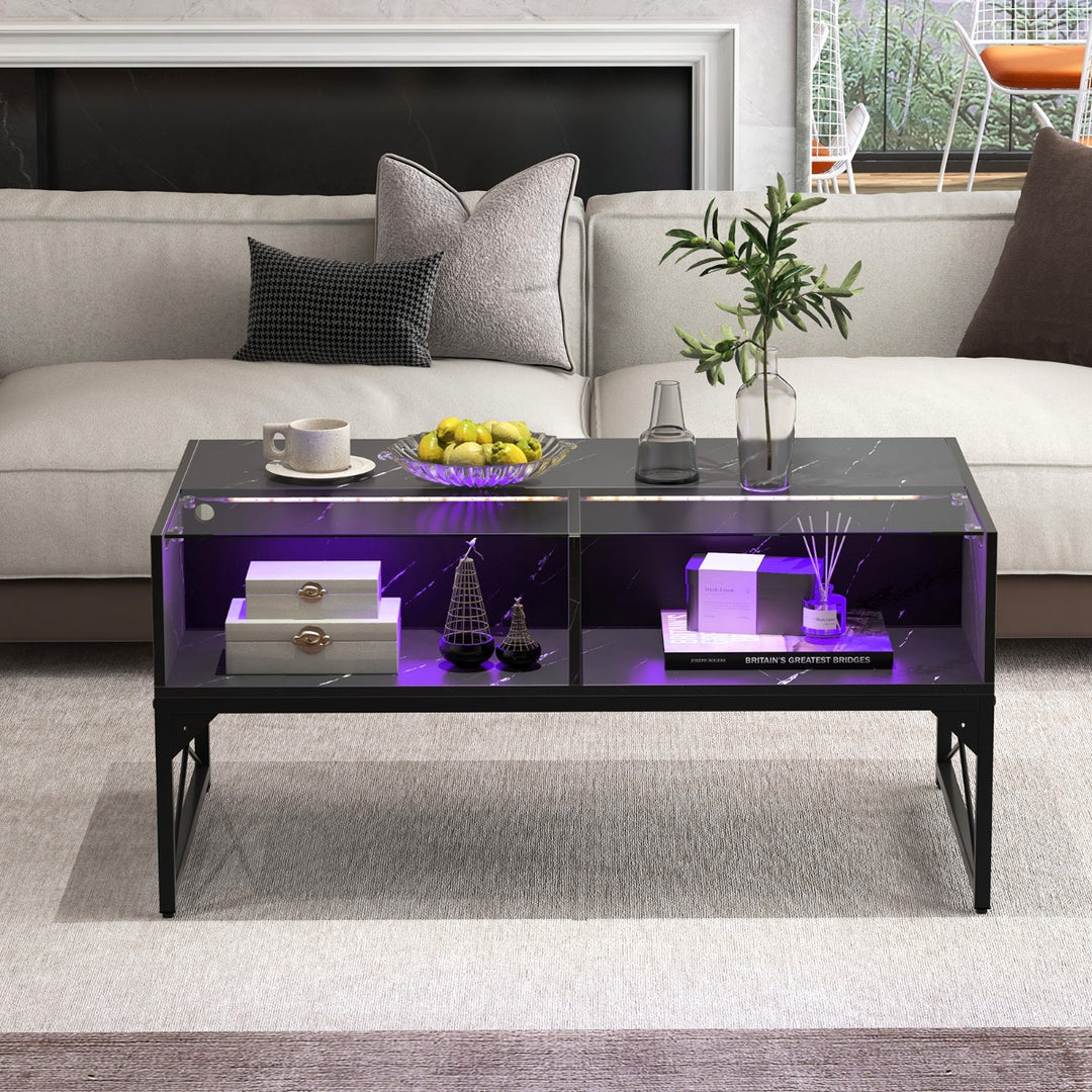 High Gloss LED Coffee Table with Faux Marble and Tempered Glass Top