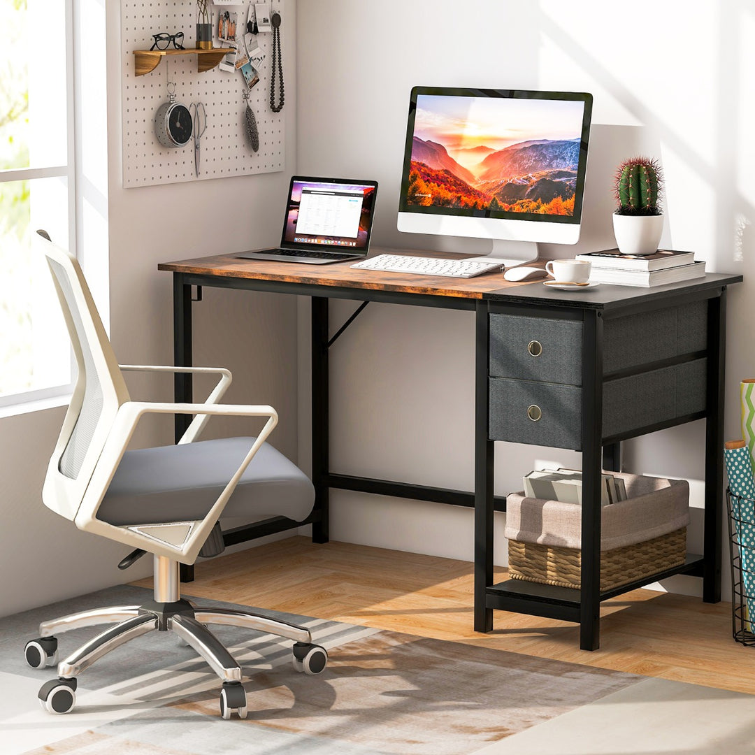 140cm Home Office Desk with 2 Drawers Hanging Hook Rustic Brown + Black - TidySpaces