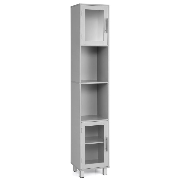 Freestanding Slim Wooden Bathroom Cabinet with Tempered Glass Doors-Grey - TidySpaces