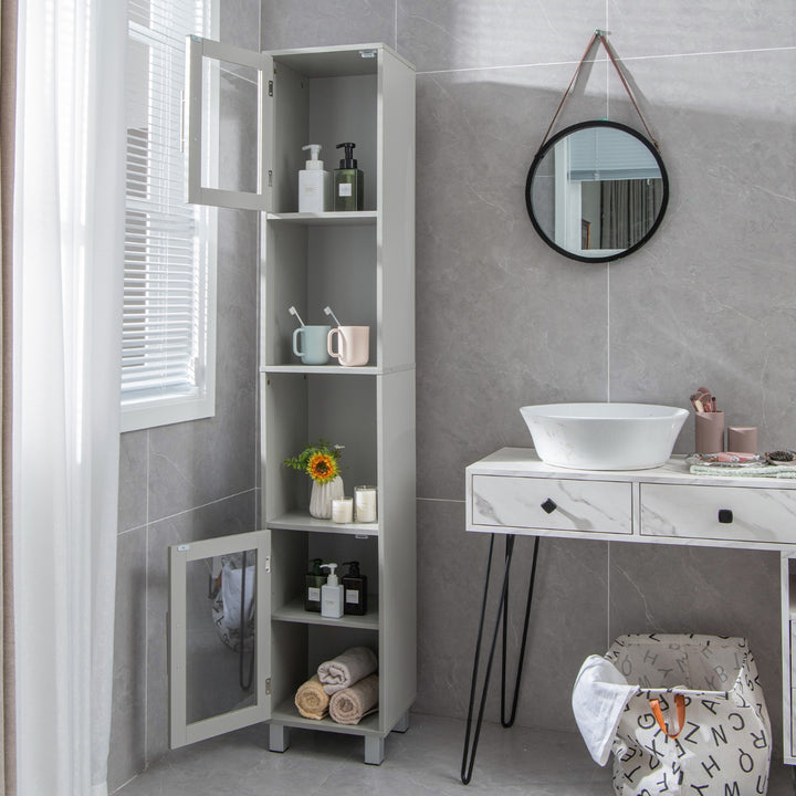 Freestanding Slim Wooden Bathroom Cabinet with Tempered Glass Doors-Grey - TidySpaces