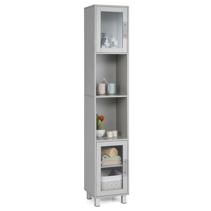 Freestanding Slim Wooden Bathroom Cabinet with Tempered Glass Doors-Grey