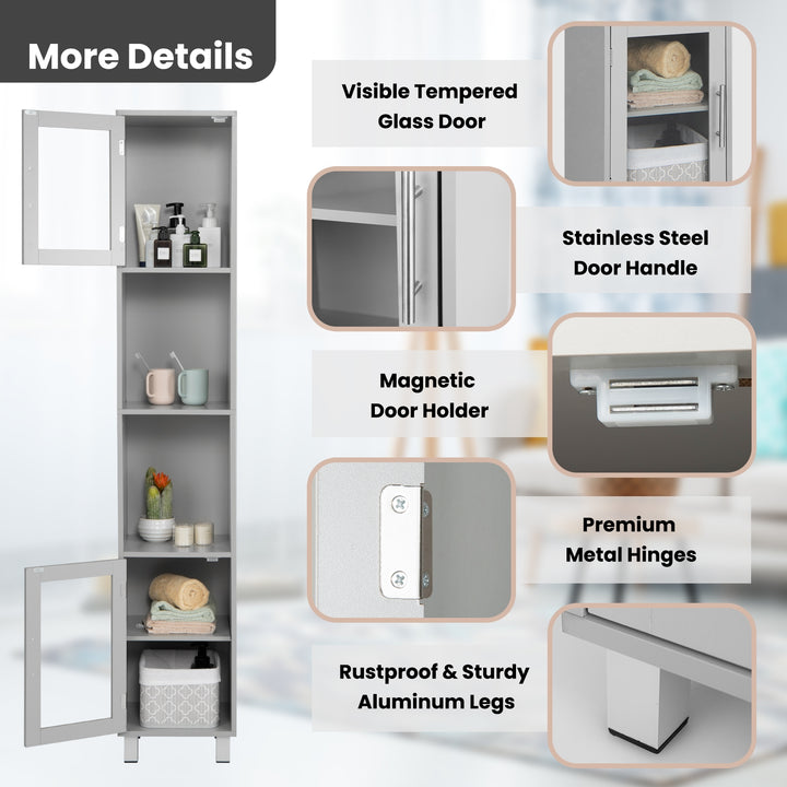 Freestanding Slim Wooden Bathroom Cabinet with Tempered Glass Doors-Grey