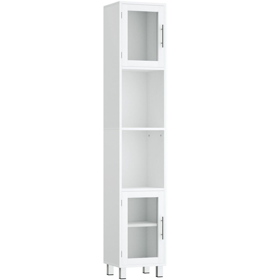 Freestanding Slim Wooden Bathroom Cabinet with Tempered Glass Doors-White - TidySpaces