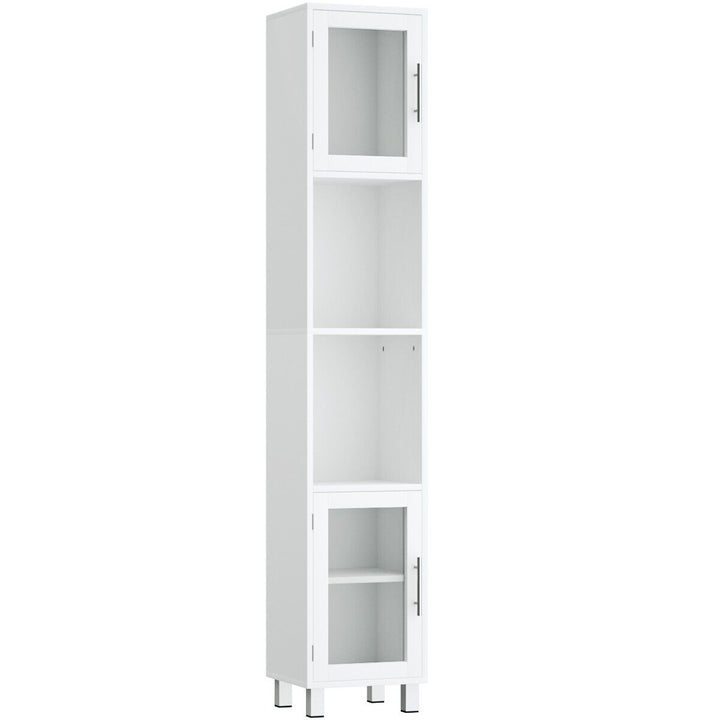 Freestanding Slim Wooden Bathroom Cabinet with Tempered Glass Doors-White - TidySpaces