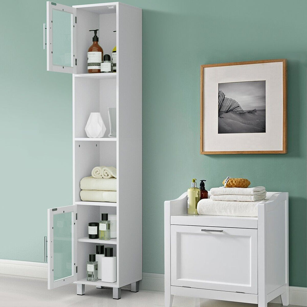 Freestanding Slim Wooden Bathroom Cabinet with Tempered Glass Doors-White - TidySpaces