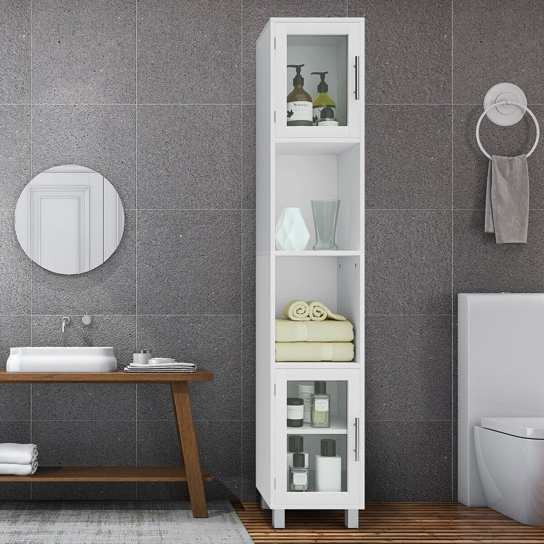 Freestanding Slim Wooden Bathroom Cabinet with Tempered Glass Doors-White - TidySpaces