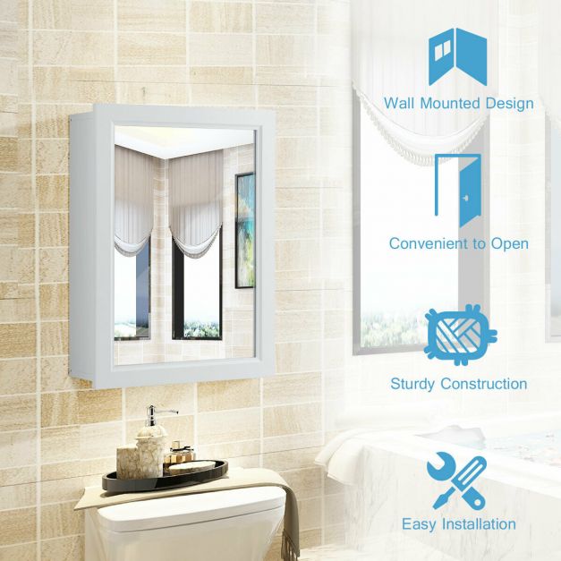 Adjustable Wall Mounted Storage Cupboard with Mirror for Bathroom-White