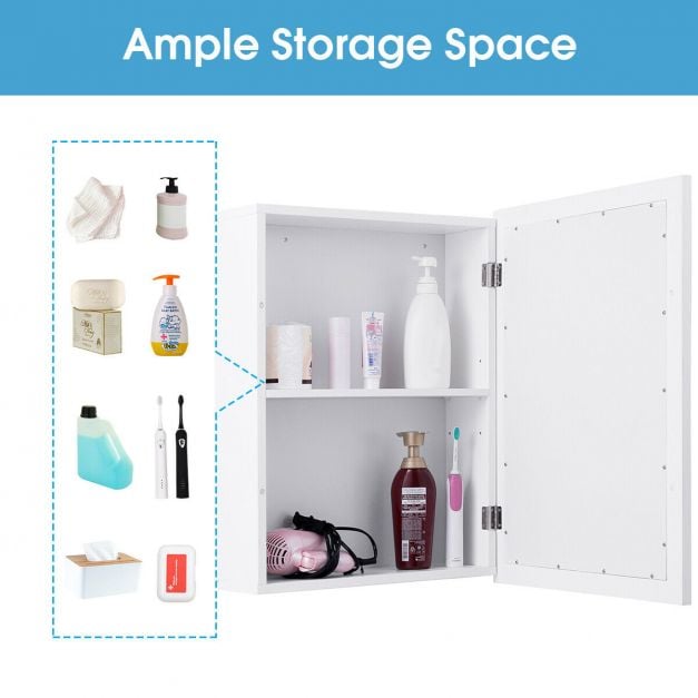 Adjustable Wall Mounted Storage Cupboard with Mirror for Bathroom-White