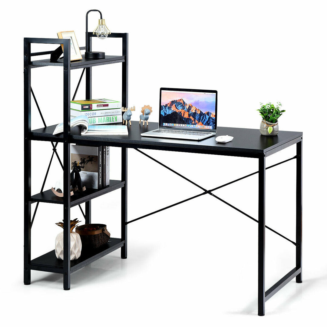 Wooden Computer Desk Writing Table with 4 Tier Reversible Bookshelf - TidySpaces