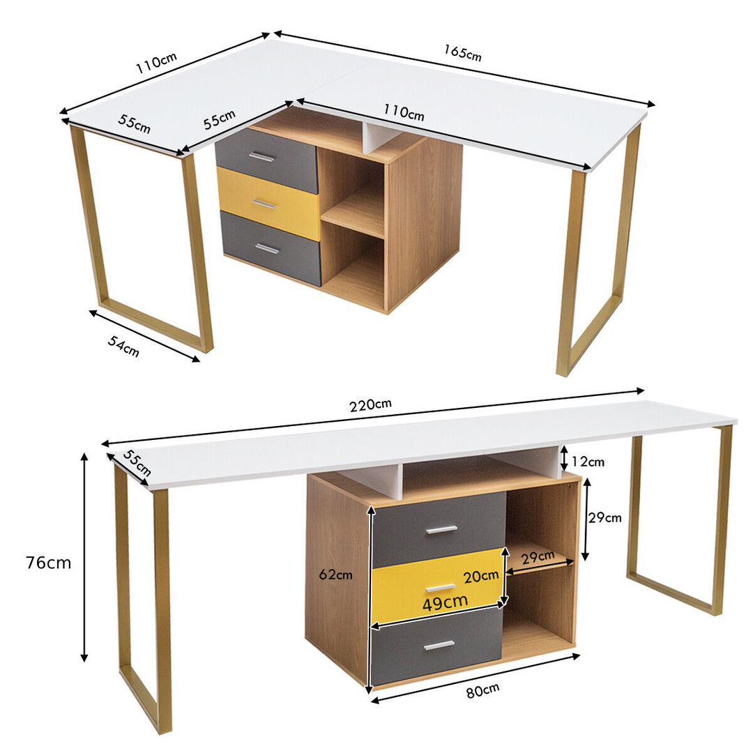 L Shaped Computer Desk for Two Person with 3 Storage Drawers and Shelves - TidySpaces