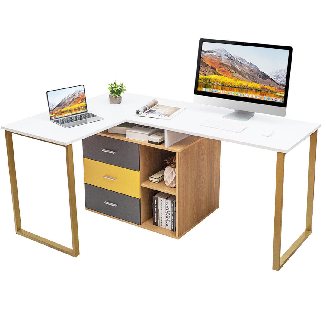 L Shaped Computer Desk for Two Person with 3 Storage Drawers and Shelves - TidySpaces