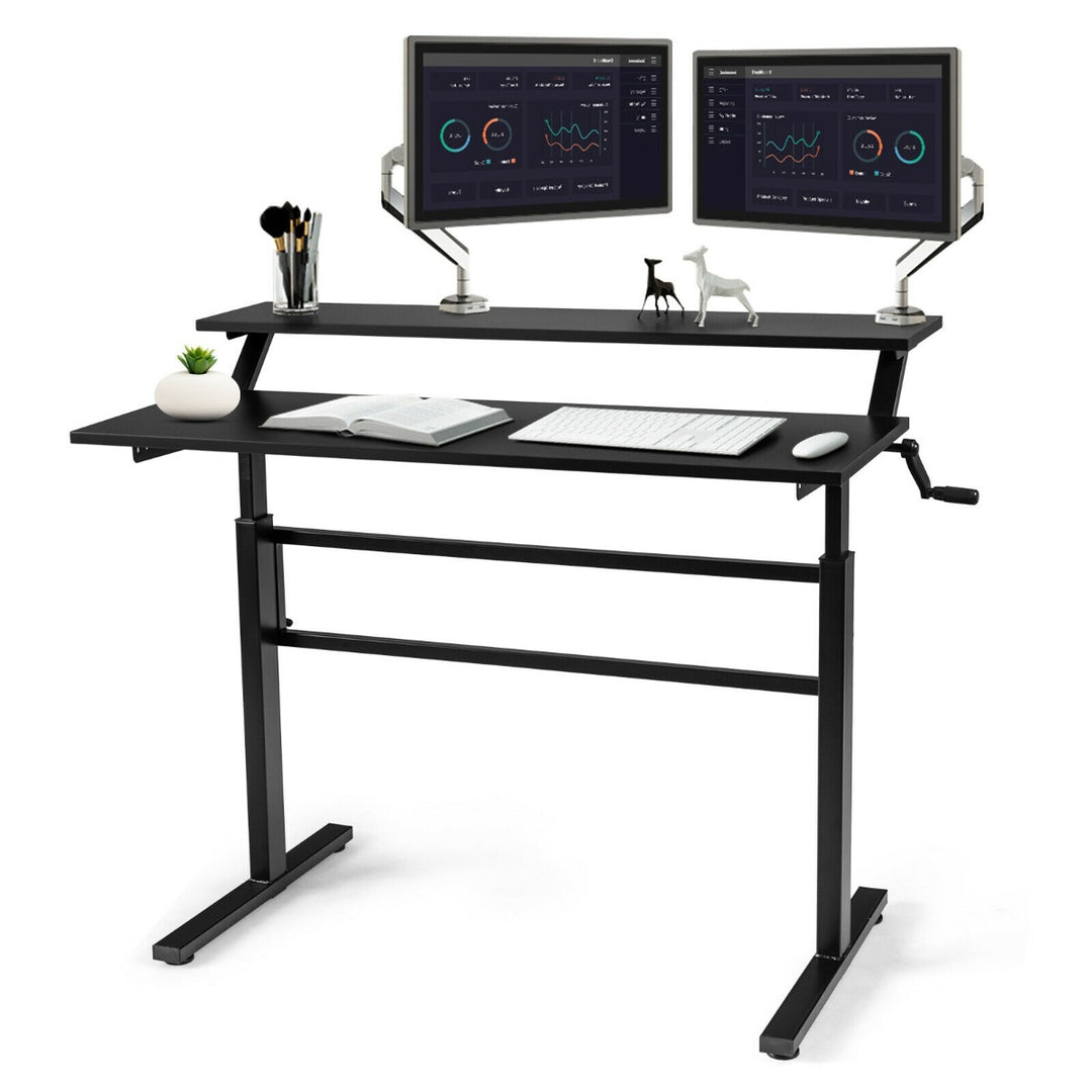 2 Tier Height Adjustable Standing Desk with Crank Handle - TidySpaces