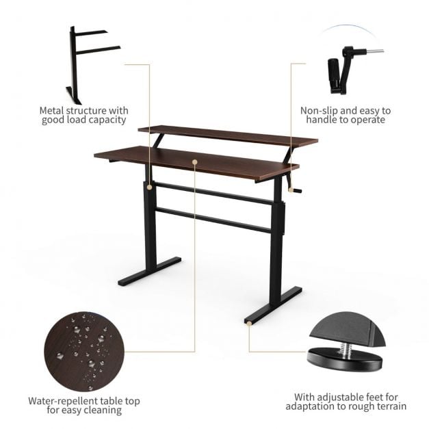 2 Tier Height Adjustable Standing Desk with Crank Handle