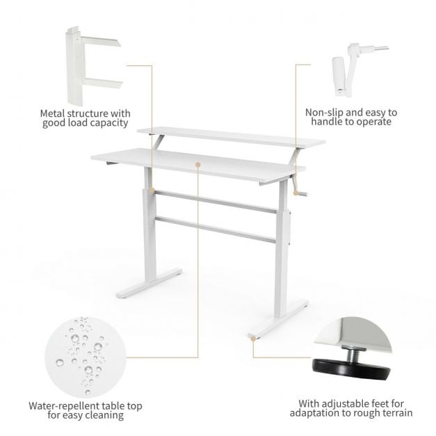 2 Tier Height Adjustable Standing Desk with Crank Handle