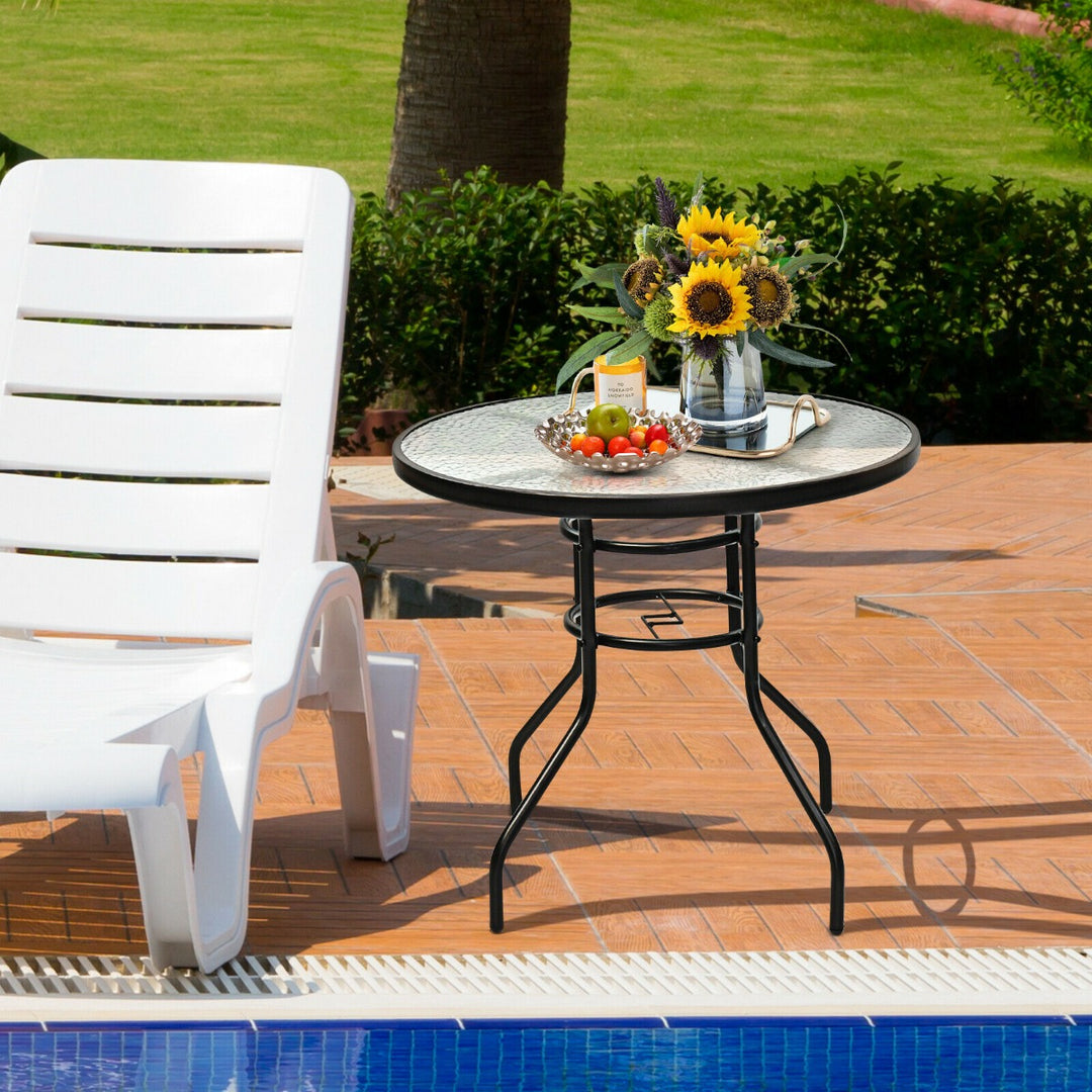 80CM Garden Dining Table with Tempered Glass and Parasol Hole Size