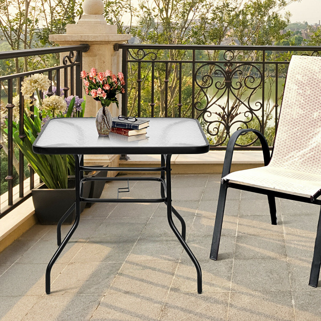 80CM Garden Dining Table with Tempered Glass and Parasol Hole Size