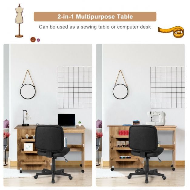 Folding Sewing Table with Storage Shelves and Lockable Casters