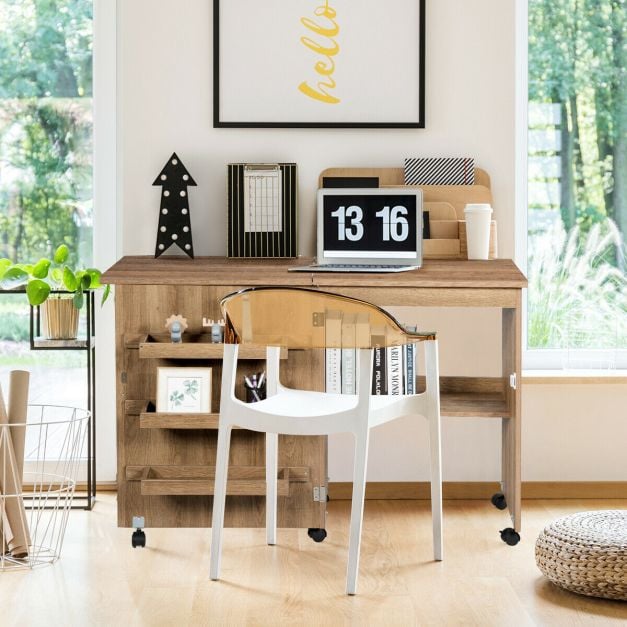 Folding Sewing Table with Storage Shelves and Lockable Casters