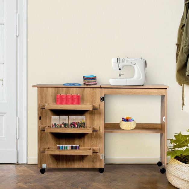 Folding Sewing Table with Storage Shelves and Lockable Casters