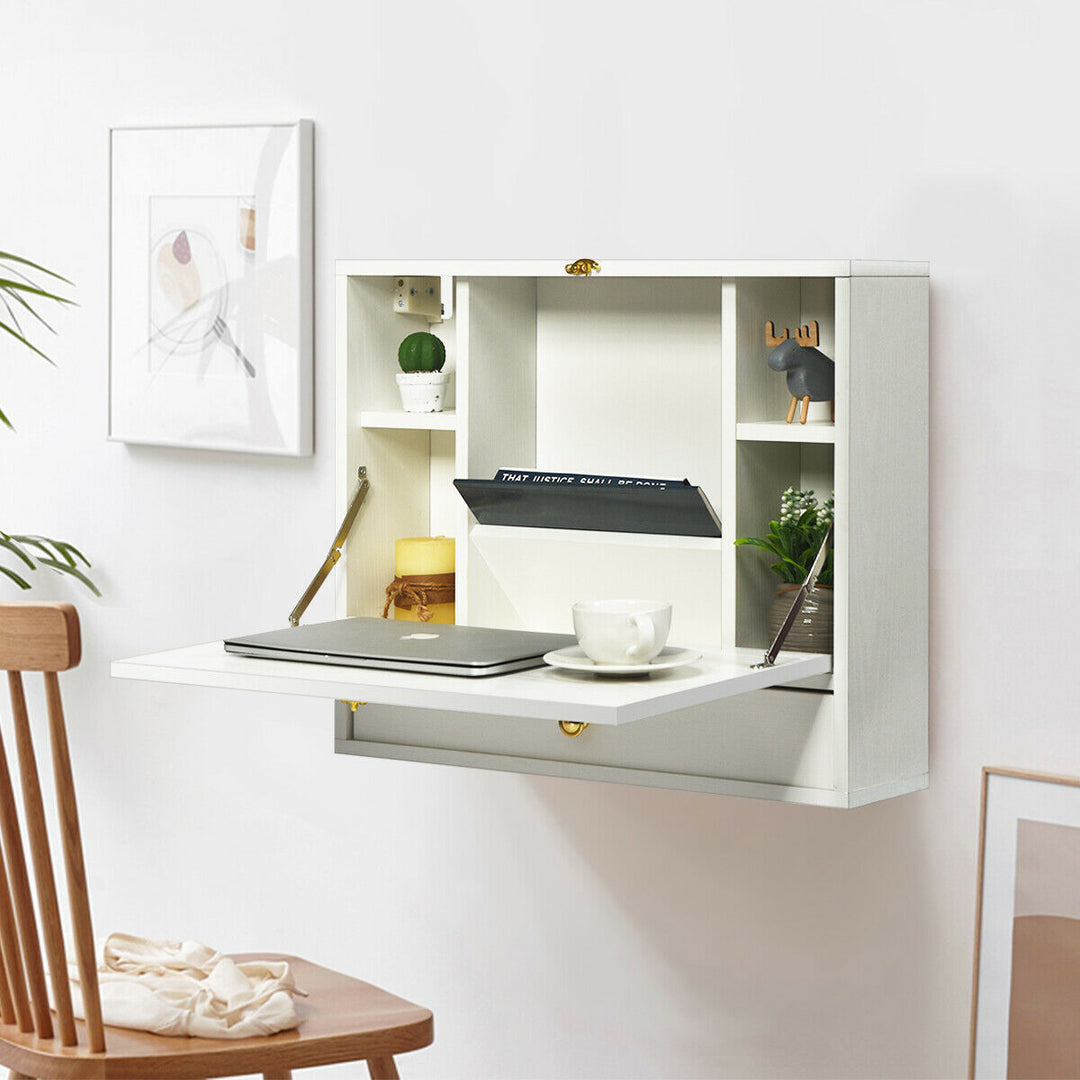 Wall Mounted Wooden Cabinet with Drop Down Desk - TidySpaces