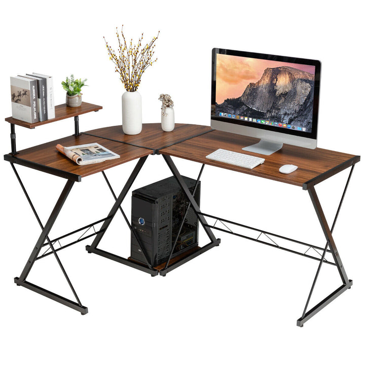 L Shaped Corner Computer Desk with Monitor Stand and Host Tray - TidySpaces