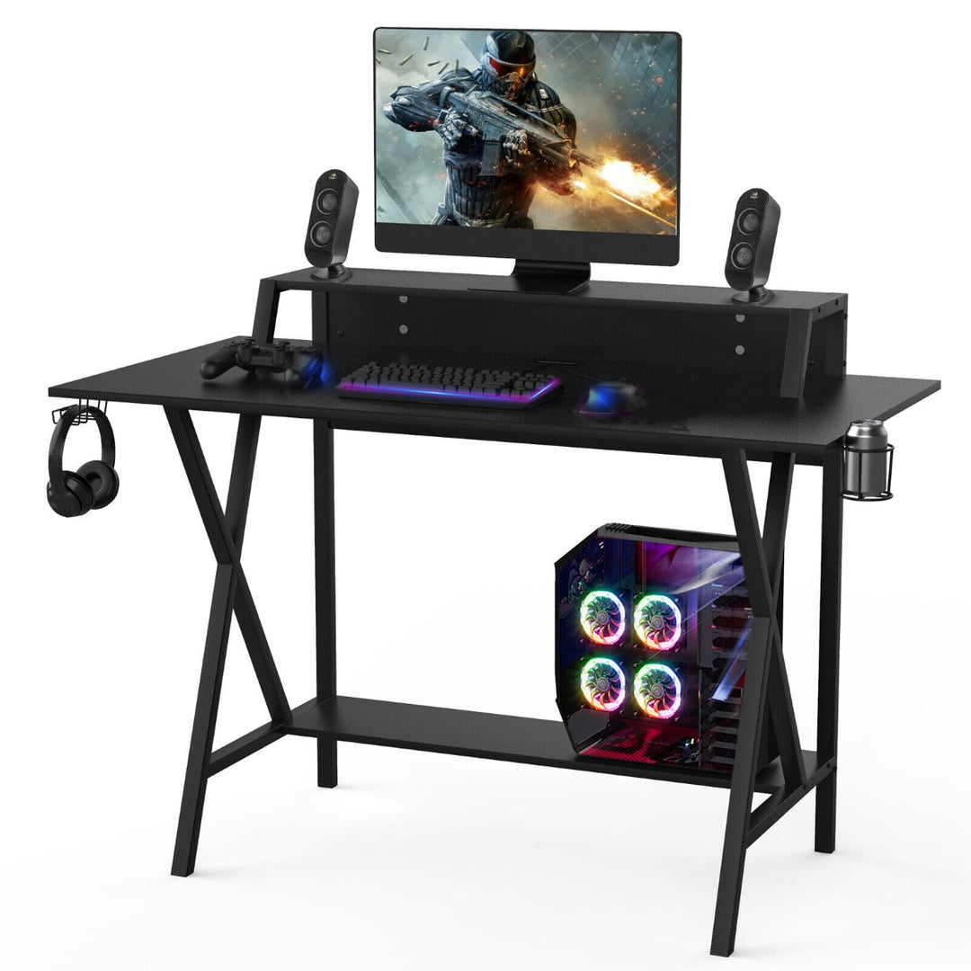 X  Shaped Ergonomic Gaming Computer Desk with Cup Holder and Monitor Riser - TidySpaces
