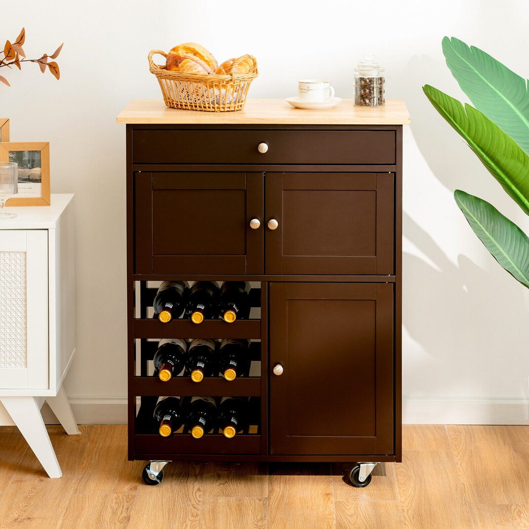 Rolling Kitchen Cart with 3 Tier Wine Racks and Cupboards - TidySpaces